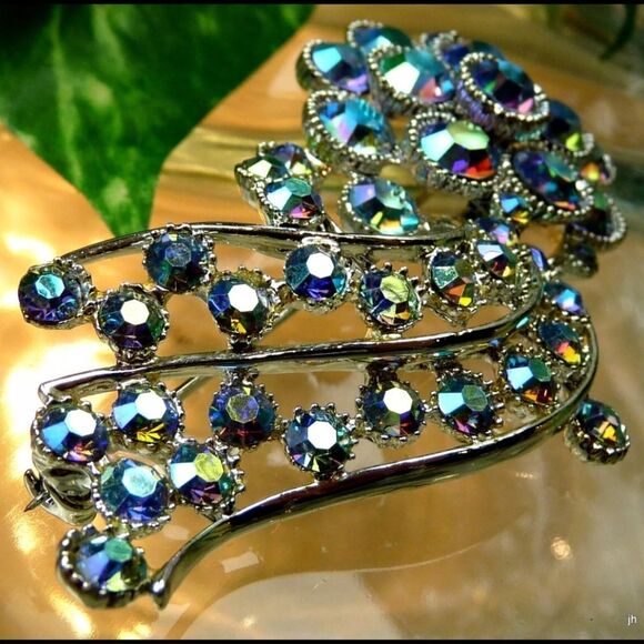 BSK VINTAGE DESIGNER SIGNED 3" BLUE AB RHINESTONE FLOWER FLORAL SPRAY PIN,EARRIN - Picture 5 of 11